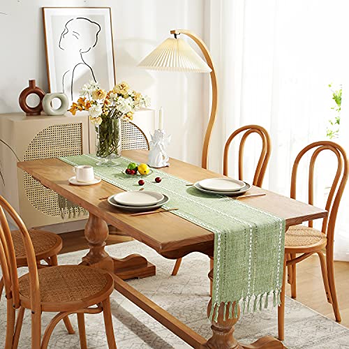Chassic Hemstitched Sage Green 13"W x 48"L Linen Table Runner - Rustic Farmhouse, Tassel Embroidered