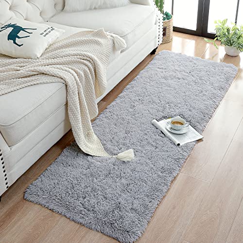 Soft Fluffy Runner Rug 2x6, Non-Slip Grey Shag Carpet for Bedroom or Nursery