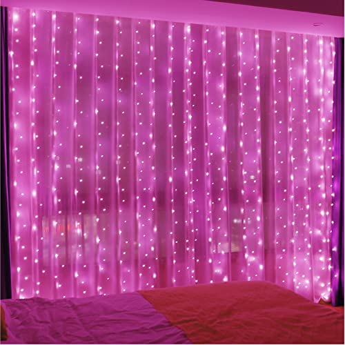 300 LED Pink Curtain Fairy Lights with Remote, 9.8x9.8 Ft USB String Lights