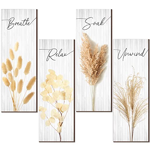 4-Piece Boho Wooden Bathroom Wall Art Set, Rustic Relax Soak Unwind Decor