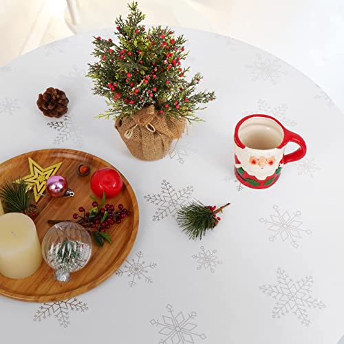 BLEUM CADE Silver Snowflake Christmas Tablecloth 55-inch Round Waterproof Holiday Decor