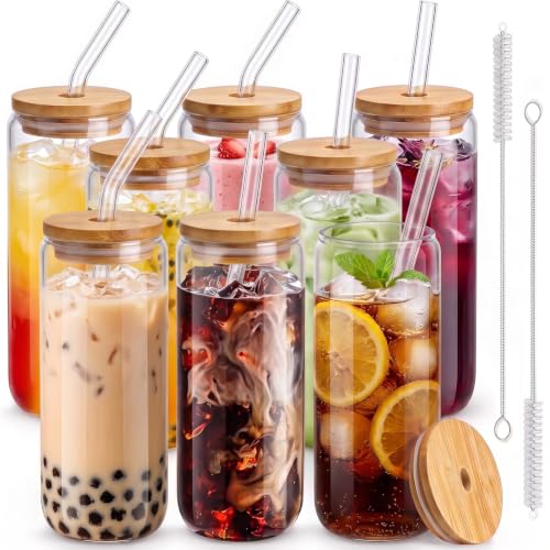 20 Oz Glass Drinking Set with Bamboo Lids & Straws - 8 Pcs