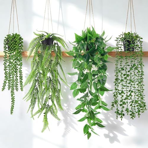 4-Pack Artificial Hanging Plants in Black Pots - Faux Cascading Vine Wall Decor