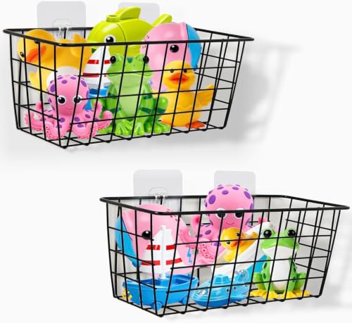 Hanging Metal Bath Toy Storage Basket with Adhesive Hooks - 2 Pack