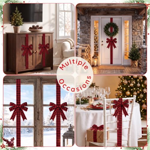 RetroRevel 6 Pcs 10-Inch Buffalo Plaid Cabinet Bows with 87in Straps, No-Nail Hook-and-Loop