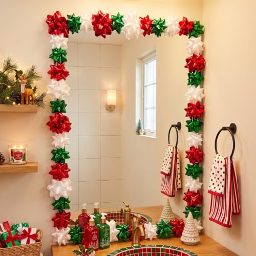 Christmas Mirror Bows Set 48 Pcs - Red, Green & White Self-Adhesive 2 Sizes