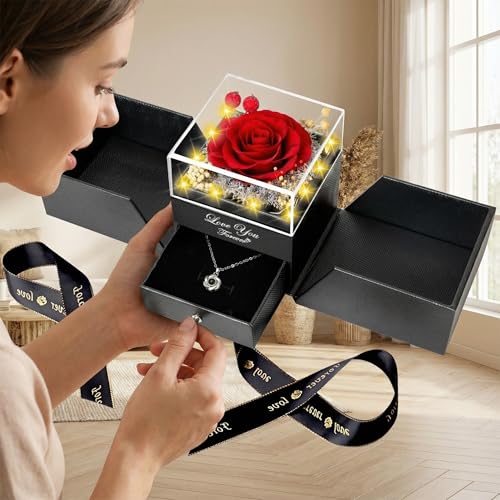 Enerleaf Navy Blue Preserved Rose Necklace Gift for Mom - 100 Languages I Love You Box