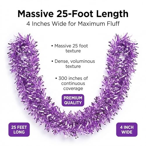 Anderson's Metallic Lavender Tinsel Twist Garland 25ft - Iridescent Party Decor