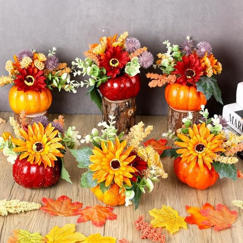 Set of 6 Mini Artificial Pumpkin Floral Centerpieces for Fall Thanksgiving