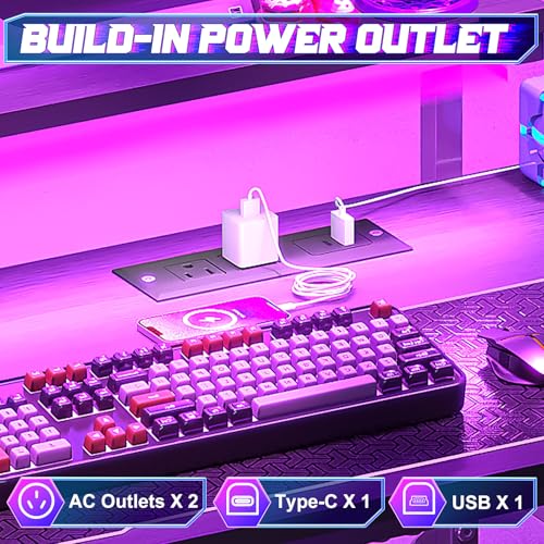 33.5" Compact Gaming Desk with LED Lights, Power Outlets, and Storage Drawer