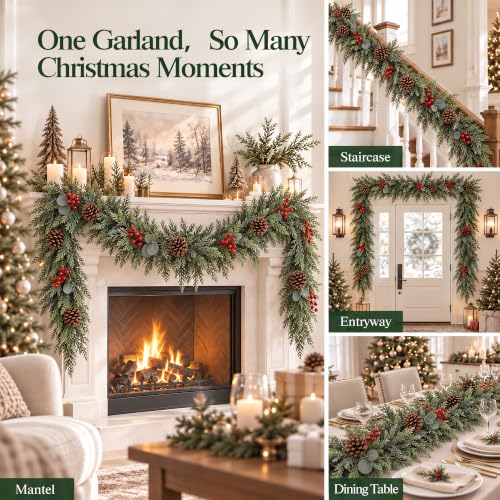 9FT Christmas Cedar Garland Real Touch Artificial Greenery DTNESS