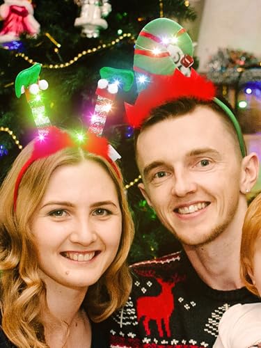 HOVACY 3 Pcs Light Up Christmas Headbands - Tree, Santa Hat & Elf Headwear, Flashing LED Holiday Headpieces