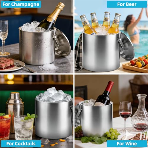 3L Double-Wall Stainless Steel Ice Bucket with Lid & Tongs for Parties