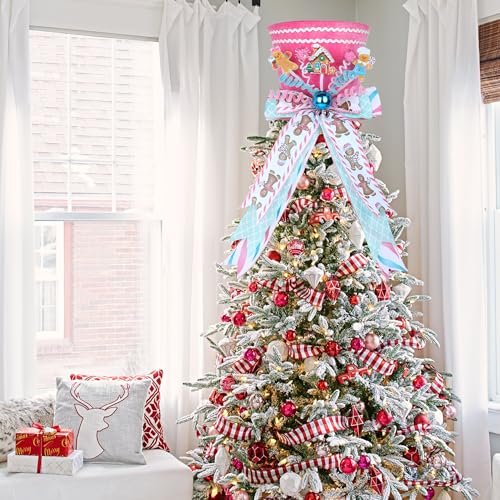 Pink Gingerbread Christmas Tree Topper Hat with Bow - Velvet Candy Cane Imitation