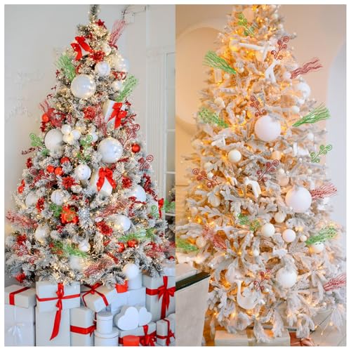 52Pcs Christmas Tree Decorations Red Green Artificial Glitter Picks Sprays Berry Stems Curly Ornaments Xmas Winter Holiday Vase Filler Tree Topper Home Table Decor