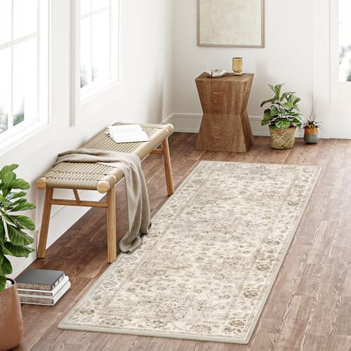 2x6 Beige Vintage Runner Rug, Washable Non-Slip Low Pile Farmhouse Carpet