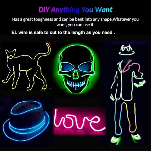 Flexible EL Wire Neon Light Strip 9.8ft - Battery Powered Glowing Rope Light