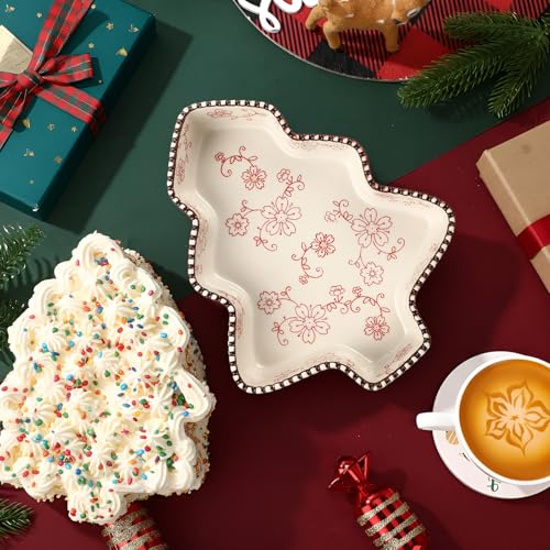 Vesici 9-Inch Christmas Tree Ceramic Pie Pan, 27oz, Red