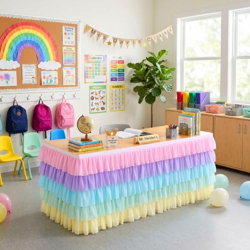 Pastel Rainbow Tulle Table Skirt 6ft x 30in for Parties and Baby Showers