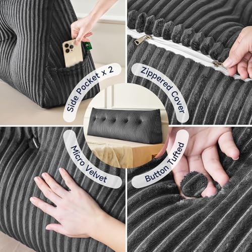 Triangular Wedge Backrest Pillow with Roll Cushion - Twin Size, Grey