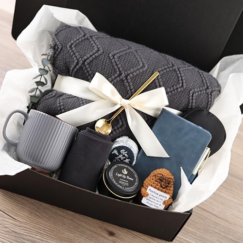 Thoughtful Care Package for Men & Women - Knitted Blanket, Mug, and Positive Potato