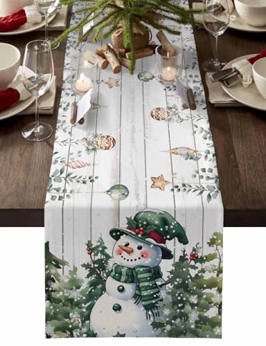 Gray Green Christmas Snowman Table Runner 13x120 Inches Holiday Decor