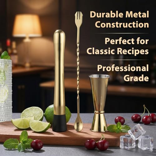 Gold Muddler & Cocktail Bar Set - 10 Inch Mixing Spoon & Double Jigger - Premium 3-Piece Bar Tools for Drinks, Variation: Gold