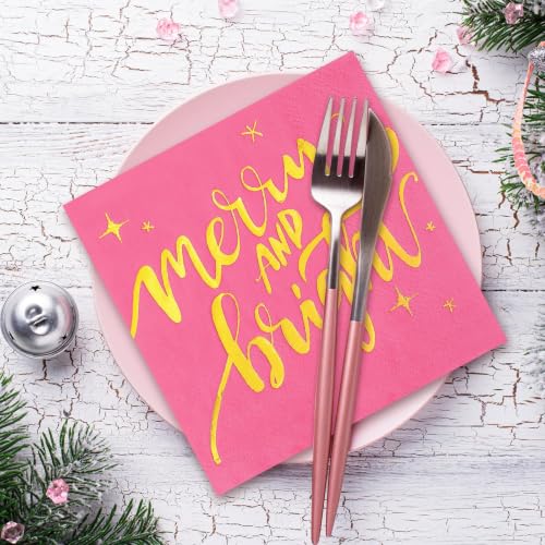Whaline 80-Pack Pink & Gold Merry Christmas Napkins 6.5x6.5in (13x13in unfolded)
