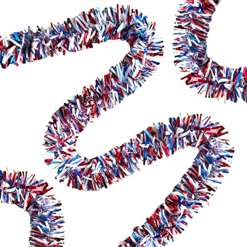 33ft Red White and Blue Patriotic Tinsel Garland for 4th of July Decor