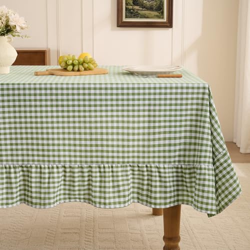 Gingham Ruffled Rectangle Tablecloth 60 x 84 Inch, Sage Green Waterproof
