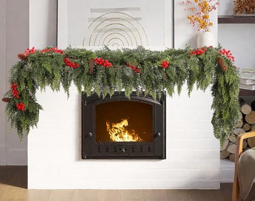 Senksll 6ft Artificial Cedar Garland with Red Fruits and Pine Cones Holiday Decor
