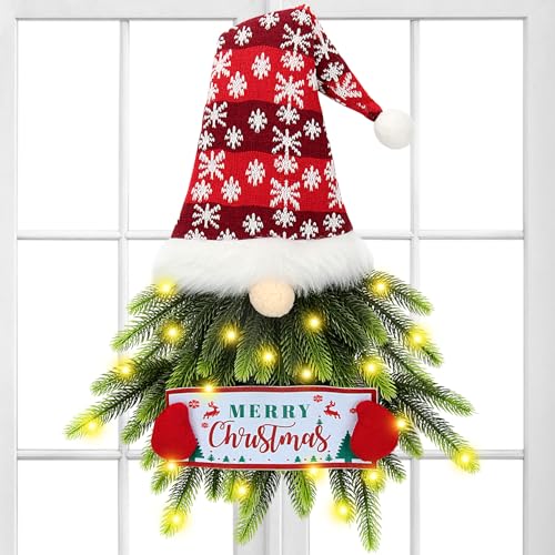 KaKaPops Red Lighted Gnome Christmas Wreath for Front Door, 28 Inch
