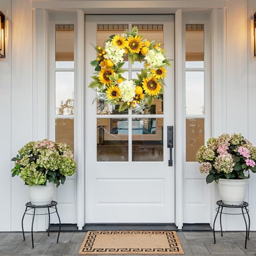 22-Inch Sunflower and Hydrangea Wreath with Lemons for Front Door