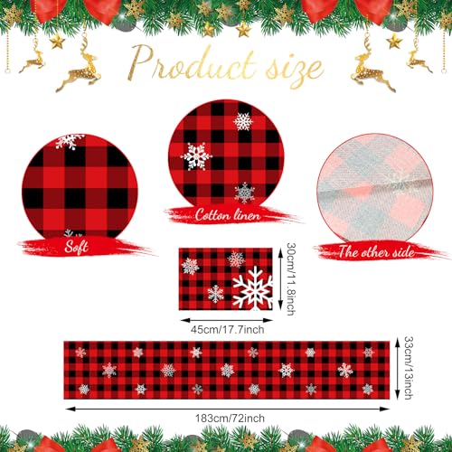 Irenare Snowflake Style Christmas Table Runner and Placemats Set Buffalo Plaid, 7 Pieces