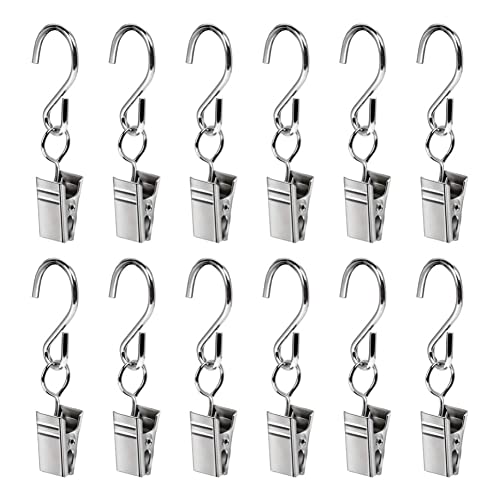 12 Pack Silver Metal Curtain Clips with S Hooks for Lights & Decorations