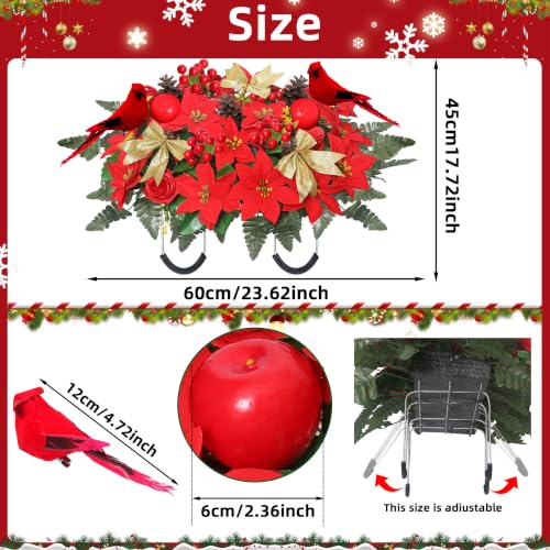 Wocst Christmas Cemetery Flowers Set - Red Poinsettia Saddle & 2 Bouquets with Vases (Red/2 Bouquet & Saddle)