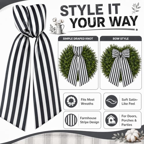Black and White Stripe Wreath Sash for Front Door Decor, 4.5 x 56 Inch