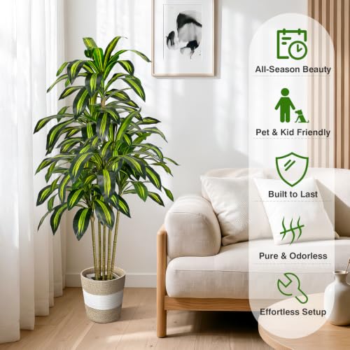 5FT Artificial Dracaena Tree with Planter and Basket - Lifelike Indoor Decor