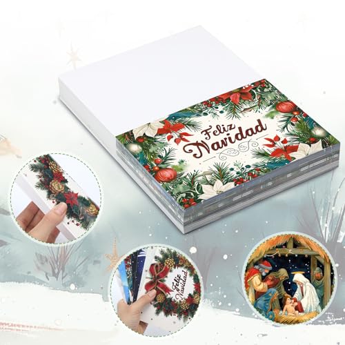 Motiskyy 100 Pack Spanish Christmas Cards with Envelopes & Stickers, Religious Holiday Greeting Set