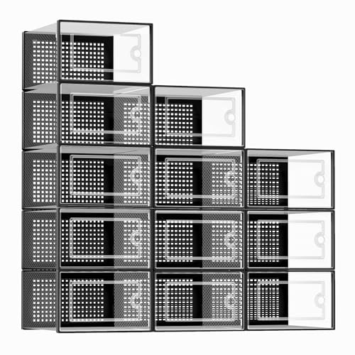 Kuject X-Large Clear Stackable Shoe Storage Boxes 12 Pack, Black Drop-Front Organizer