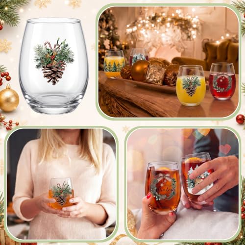 Potchen 4-Pack Christmas Forest Stemless Wine Glasses 18oz - Holiday Party Drinkware