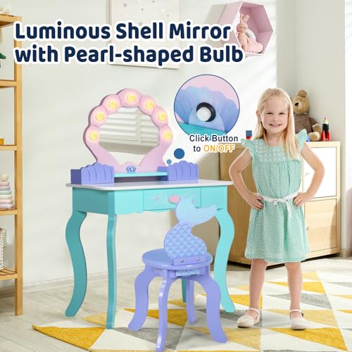 Kids Vanity Table and Chair Set with Lighted Mirror - Ocean Theme