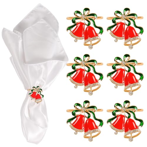 FEKIDO Christmas Jingle Bell Napkin Rings Set of 6 - Festive Red Metal with Green Ribbon for Holiday Table Decor