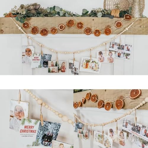 2PCS Boho Hanging Photo Display with Wood Beads and Clips, 47.2-inch Wall Decor
