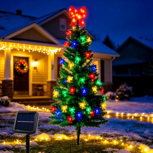 4ft Solar Christmas Tree with Bow Lights – Outdoor Garden Yard Decor (1 Pack, 50 Bow LEDs, IP65)