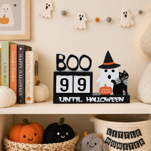 Wooden Halloween Countdown Calendar with Movable Number Blocks & Ghost Decor
