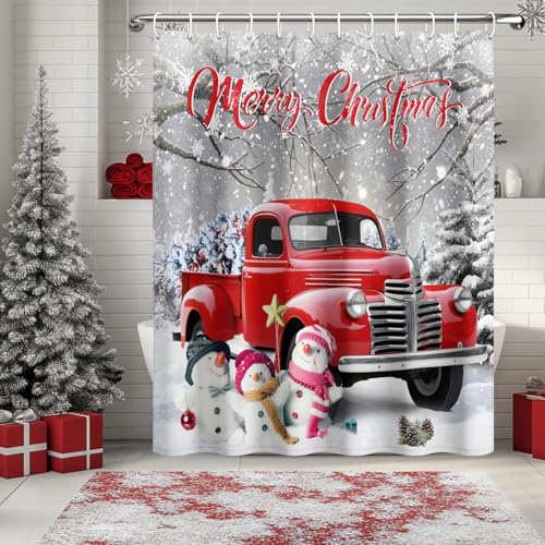 DASHAN Red Truck Christmas Shower Curtain with Snowman - Winter Holiday Waterproof Fabric, 72x72 inches, Grey Variant