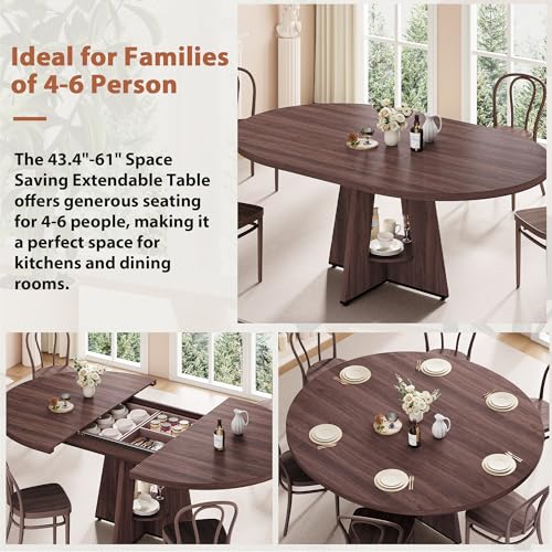 Extendable Round Dining Table, 43-59 Inch Oval Kitchen Table with Storage