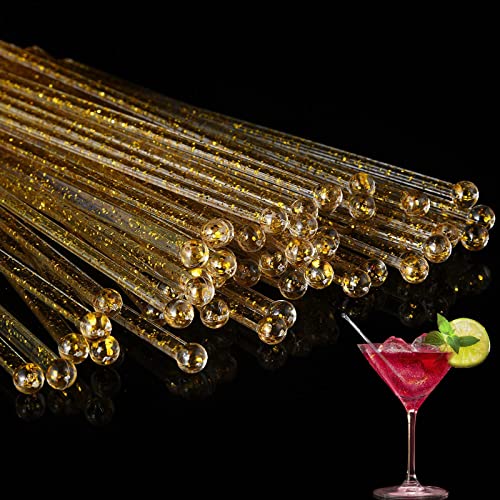 Crystal Cocktail Stirrer Sticks 100 Pack - Disposable Plastic Drink Mixers with Gold Glitter Top
