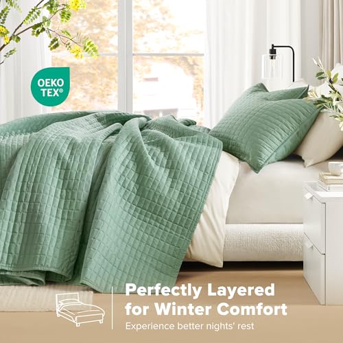 Queen Oversized Bedspread Quilt Set - Soft Sage Green Coverlet